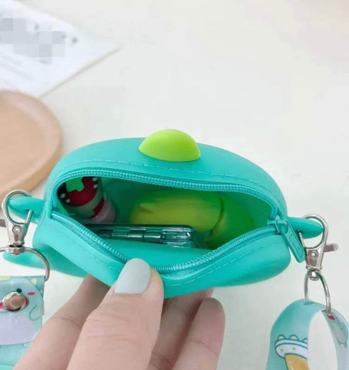 Cutest Dino bag with mirror keychain and comb